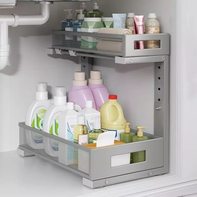 1-pack-11-4-16-14-h-under-sink-storage-organizer-large-2-tier-elegant-mesh-pull- 1 Pack-11.4"-16.14" H Under Sink Storage Organizer, Large 2-Tier Elegant Mesh Pull Out Shelf for Kitchen & Bathroom Cabinet Organization, L-Shaped, Adjustable Height-Gun Gray