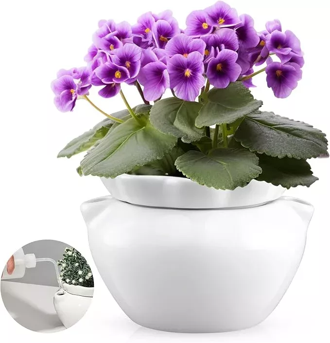 1-set-7-5-inches-african-violet-pots-self-watering-white-ceramic-pot-indoor-plan 1 Set 7.5 Inches African Violet Pots Self Watering White Ceramic Pot for Indoor Plants, Flowerpot with Highly Absorbent Inner Pot for Busy Plant Lovers, Plant Care