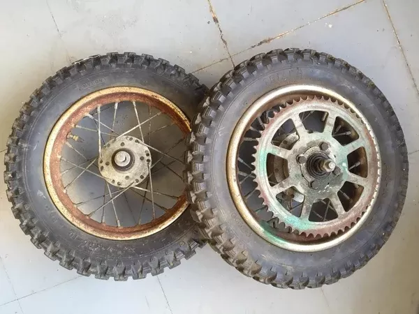 set-10-mini-bike-spoke-wheels-tires-rupp-fox-indian-54-tooth-sprocket-vintage-us Set of 10" Mini Bike Spoke Wheels & Tires Rupp / Fox / Indian (54 tooth sprocket) - Vintage - Used