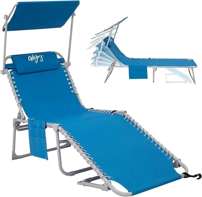 wejoy-folding-lounge-chair-with-canopy-shade-portable-adjustable-5-position-pati #WEJOY Folding Lounge Chair with Canopy Shade, Portable Adjustable 5-Position Patio Chaise Lounger with Pillow & Pouch for Lay Flat Outdoor Lawn Backyard Beach Camping Pool Tanning (Blue White)