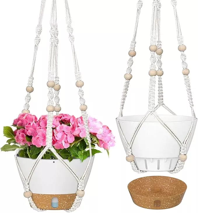 zmtech-2-pack-10-inch-white-hanging-planters-with-macrame-plant-hanger-indoor-ou ZMTECH 2 Pack 10 Inch White Hanging Planters with Macrame Plant Hanger for Indoor and Outdoor Plants, Self Watering, Drainage Hole, Visible Level Tray