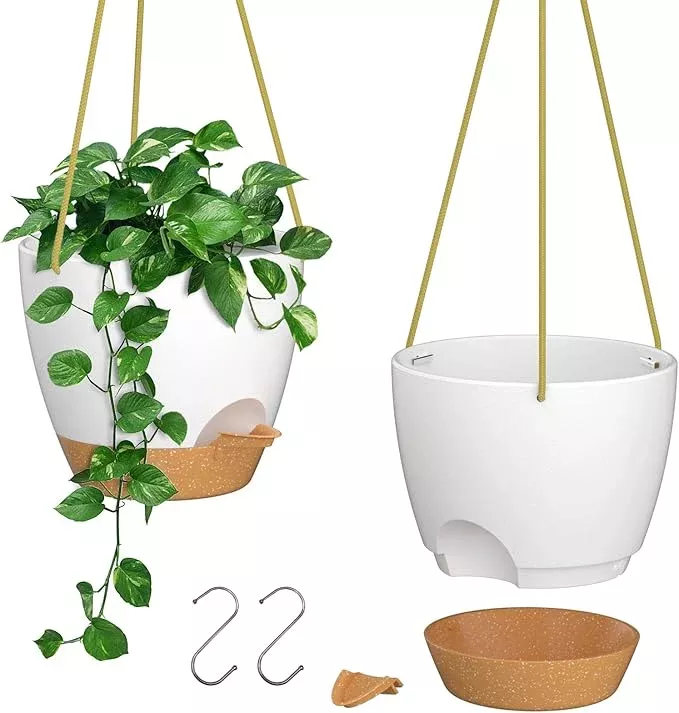 zmtech-6-5-inch-hanging-planters-indoor-outdoor-plants-2-pack-self-watering-hang ZMTECH 6.5 Inch Hanging Planters for Indoor Outdoor Plants, 2 Pack Self Watering Hanging Plant Pots with Drainage Holes and Removable Saucer, Plastic Flower Hanging Pots with Watering Lip (White)